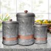 Galvanized Metal Lidded Canister With Copper Band; Set of Three; Gray