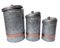 Galvanized Metal Lidded Canister With Copper Band; Set of Three; Gray