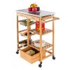 Moveable Kitchen Cart with Stainless Steel Table Top & Three Drawers & Three Baskets Burlywood RT