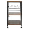 Simple Wood Kitchen Cart with 3-Tier Storage Space, Movable Microwave Stand with 10 Hooks - Brown and Frosted Black XH