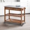 2 Drawers Wooden Frame Kitchen Cart with Metal Top and Casters; Brown and Gray; DunaWest