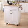 Kitchen island cart with drawers and storage rack spice rack;  towel rack;  butcher block countertop;  white and natural