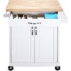 Kitchen island cart with drawers and storage rack spice rack;  towel rack;  butcher block countertop;  white and natural