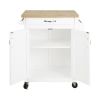 Kitchen island cart with drawers and storage rack spice rack;  towel rack;  butcher block countertop;  white and natural