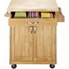 Kitchen island cart with drawers and storage rack spice rack;  towel rack;  butcher block countertop;  white and natural